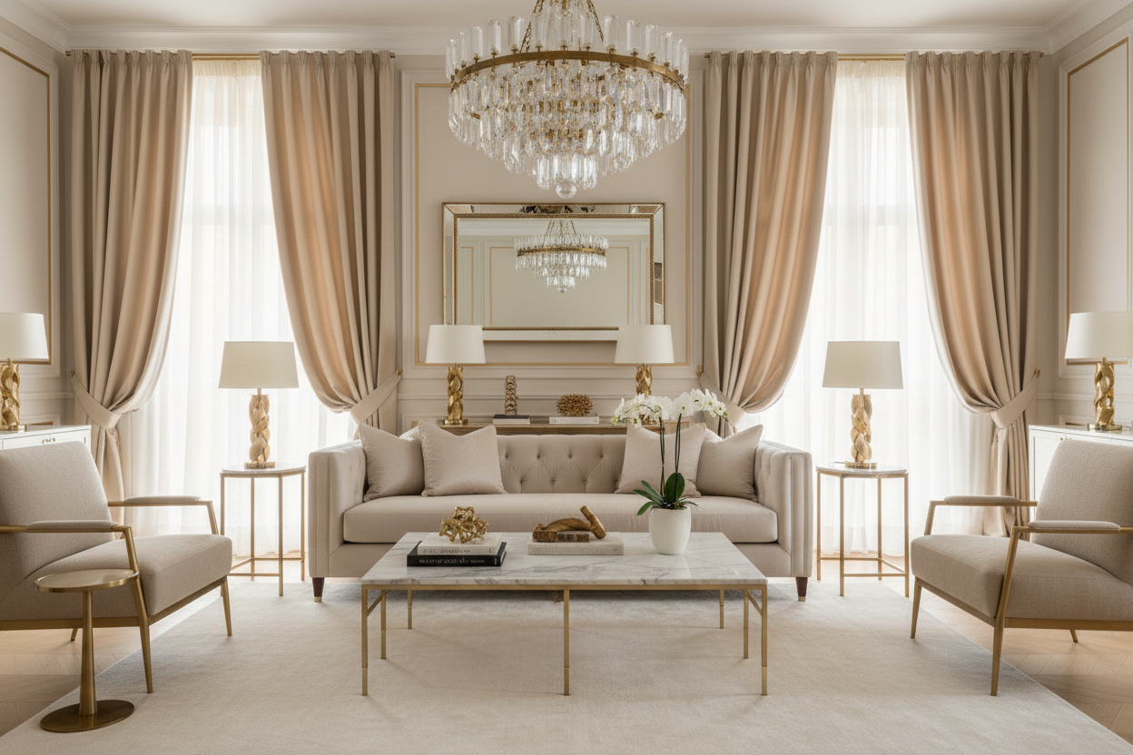 un rideau beige dans un salon de luxe