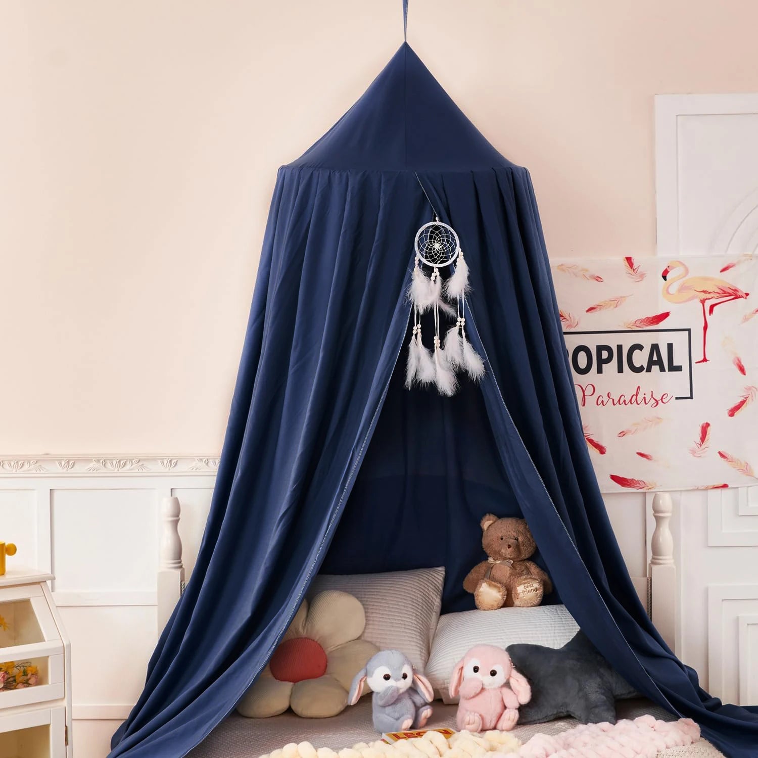 rideau de lit à baldaquin enfant bleu foncé