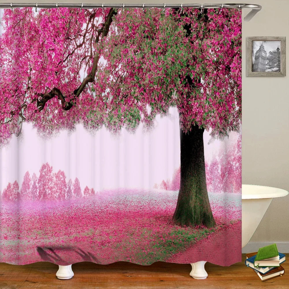 rideau sale de bain avec design arbre rose
