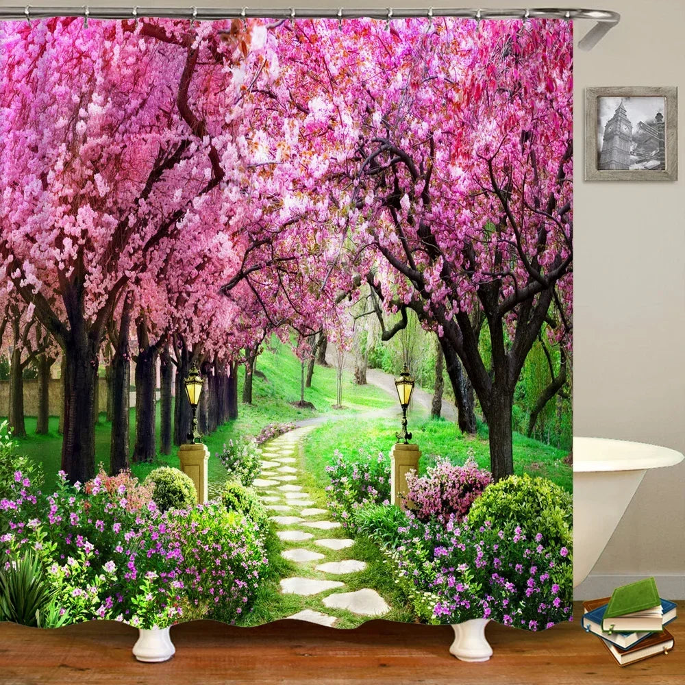 rideau sale de bain avec design arbre rose et jardin