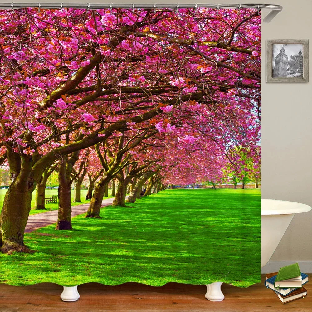 rideau sale de bain avec design arbre rose et jardin vert