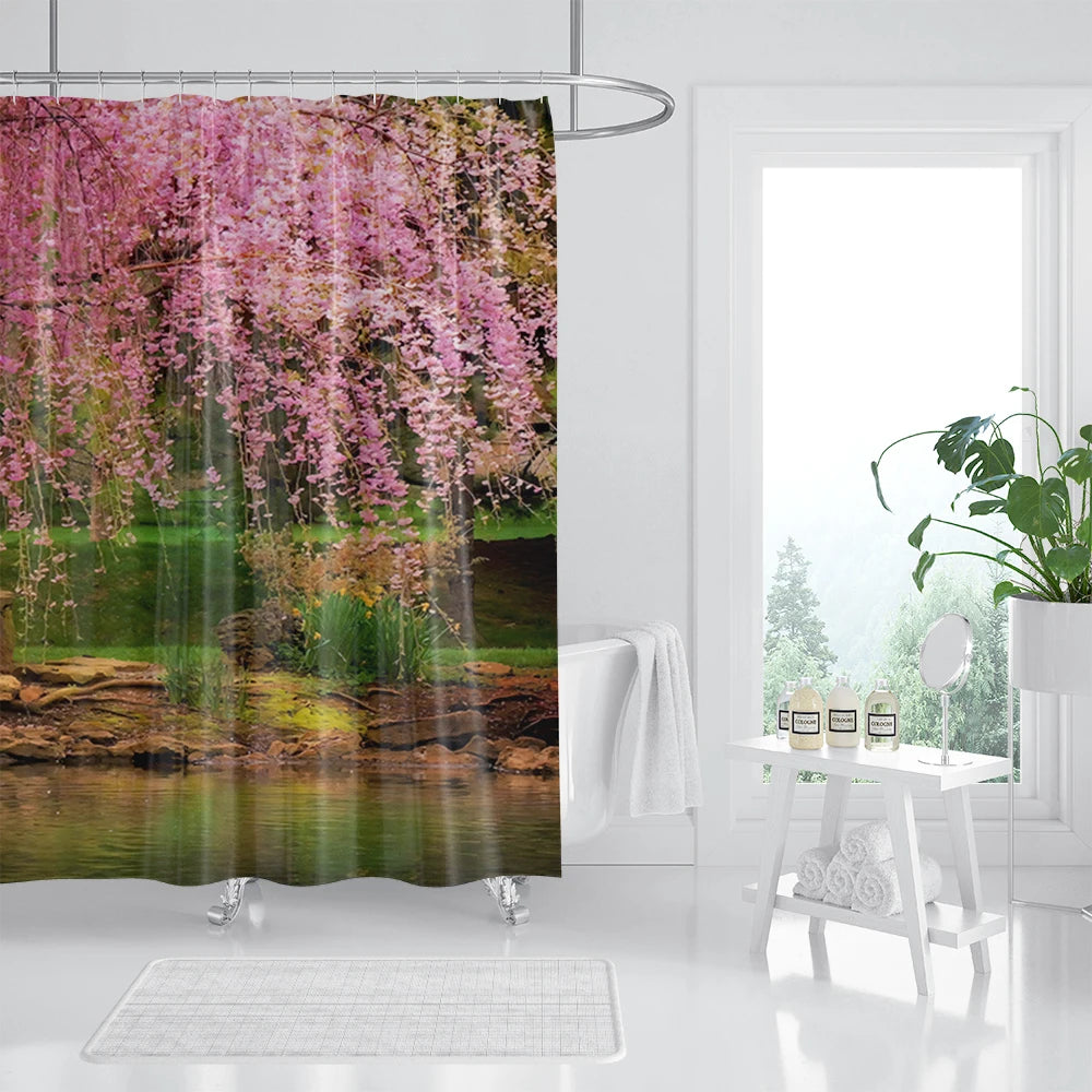 rideau sale de bain avec design foret
