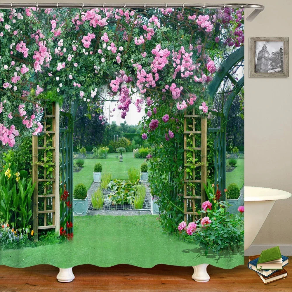 rideau sale de bain avec design jardin
