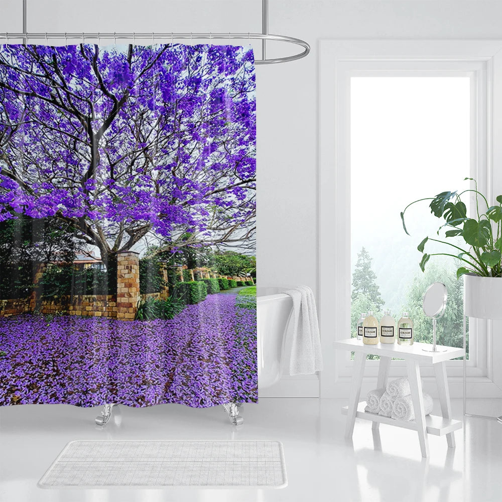 rideau sale de bain avec design jardin violet