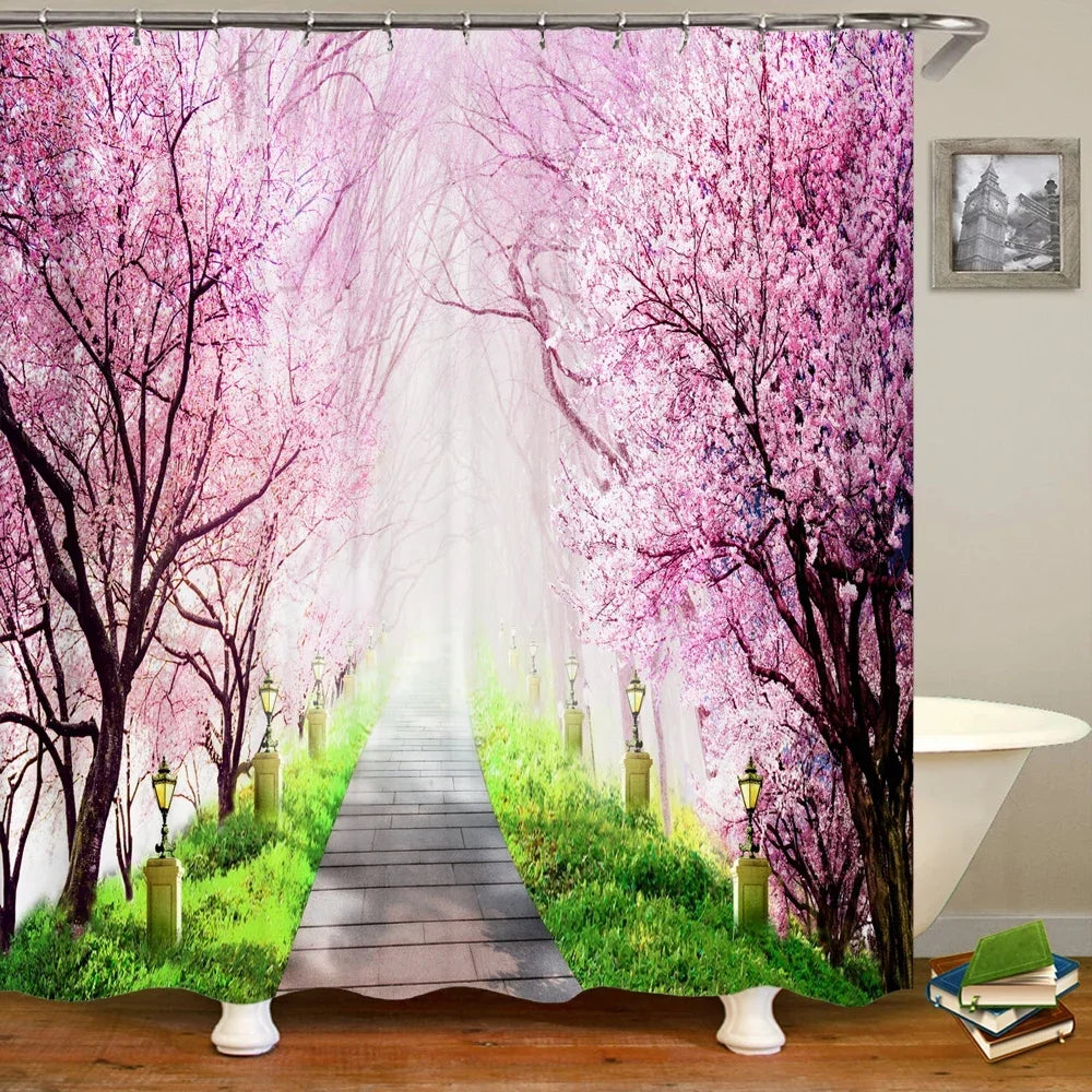 rideau sale de bain avec design route foret