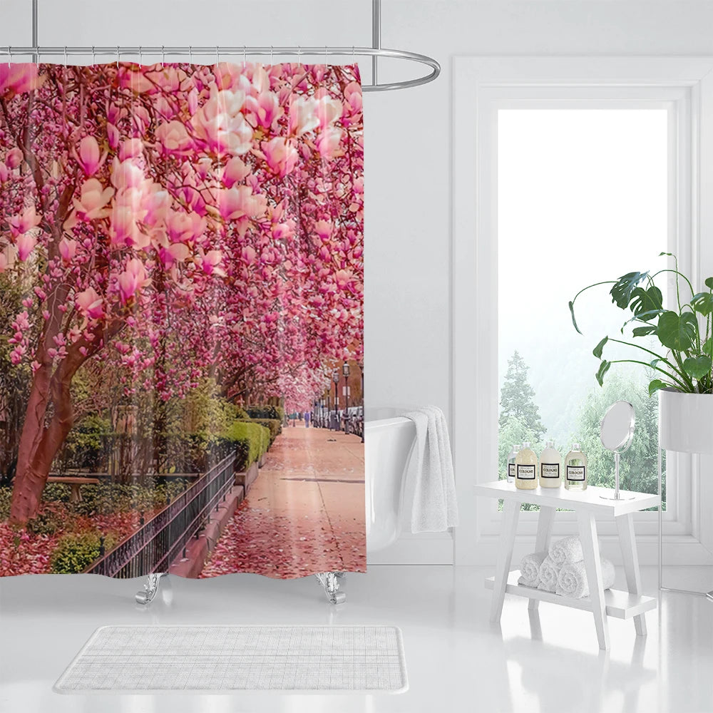 rideau sale de bain avec design route jardin
