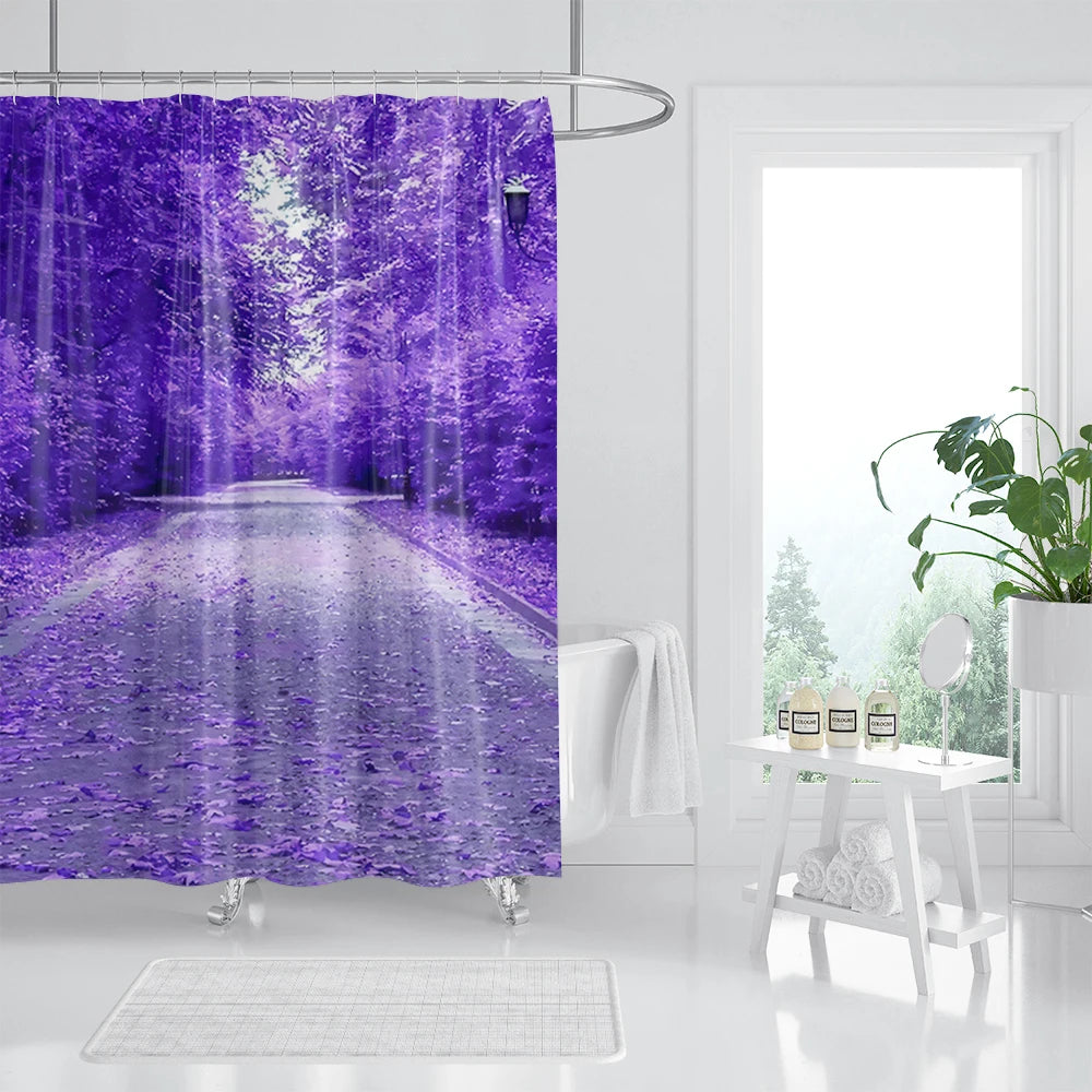rideau sale de bain design foret mauve