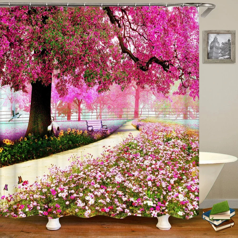 rideau sale de bain design foret rose